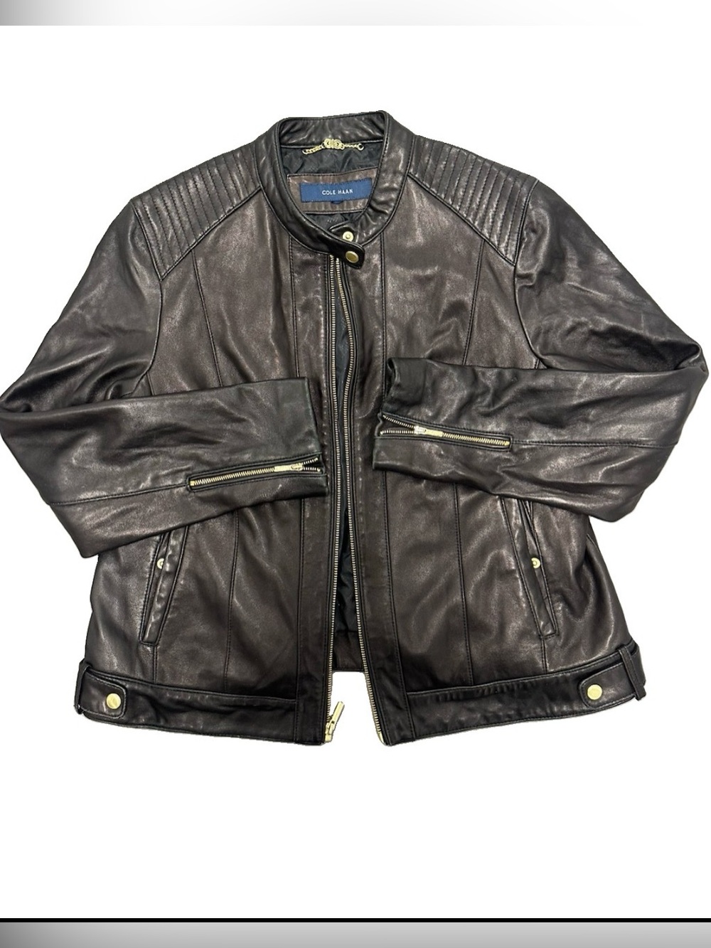 Cole Haan Black Lambskin Leather Moto Jacket- XL
